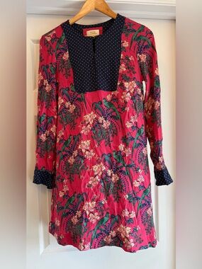 Maeve by Anthropologie Pink Floral Dress with Navy Polka-Dot Bib Size 2